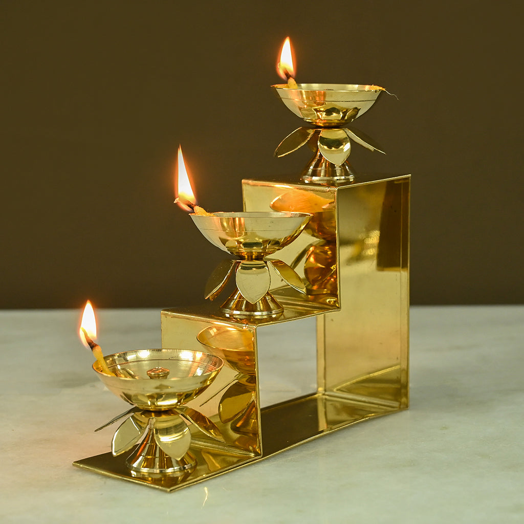 Brass Lotus Diyas with Three Step Stand