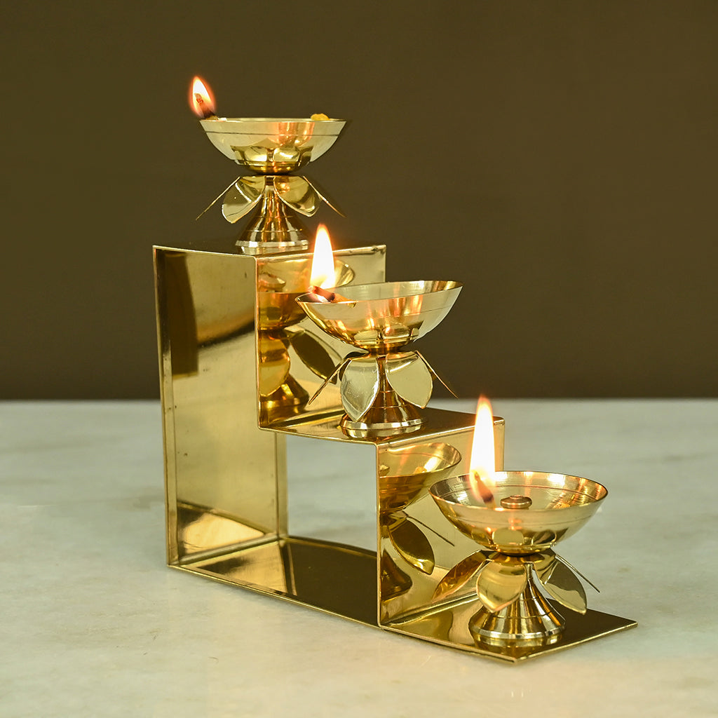 Brass Lotus Diyas with Three Step Stand