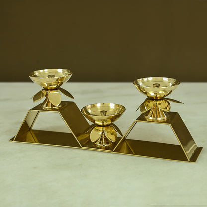 Brass Three Flower Diya with Stand