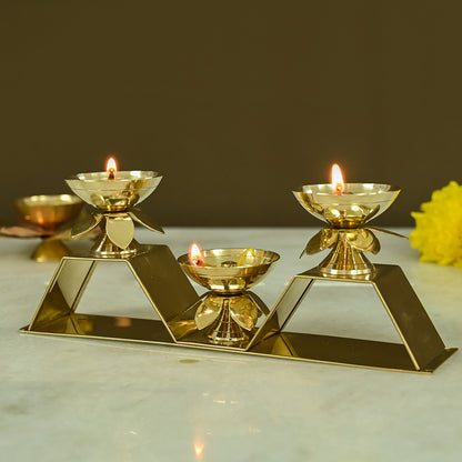 Brass Three Flower Diya with Stand