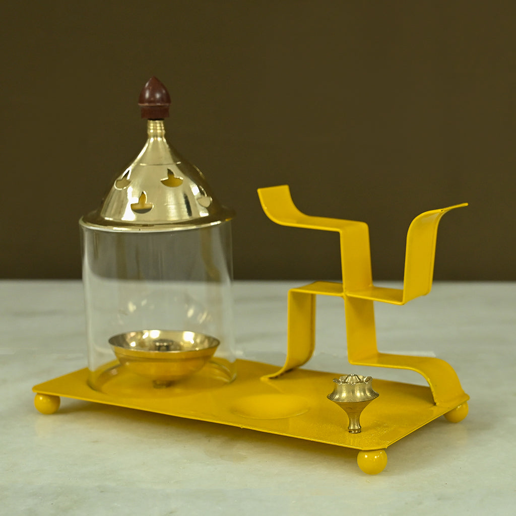 Brass & Iron Swastic Diya Tray with Incense Holder