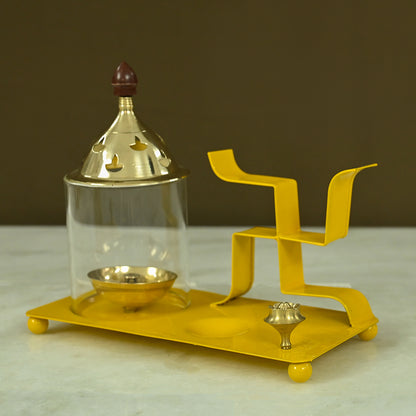 Brass & Iron Swastic Diya Tray with Incense Holder