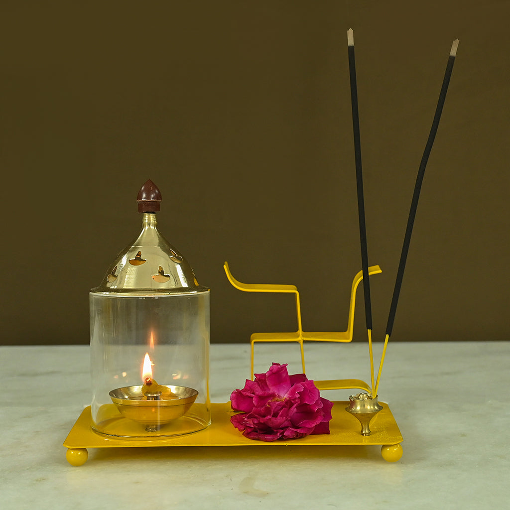 Brass & Iron Swastic Diya Tray with Incense Holder