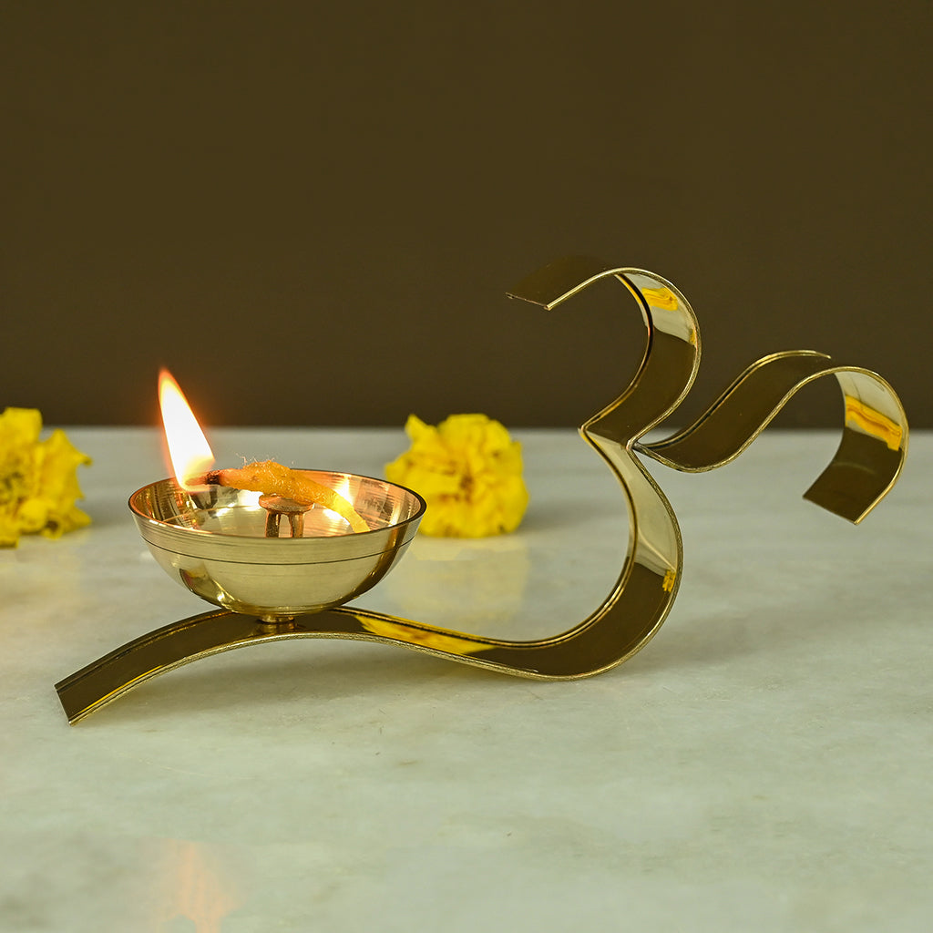 Brass OM Akhand Brass Diya for Pooja