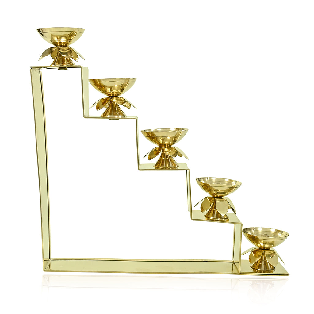 Brass Lotus Diyas with Five Step Stand